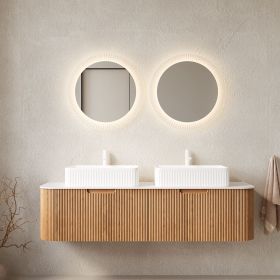DINA 60" Bathroom Vanity with Sinks, Wall-Mounted Curved Edges Striped Bathroom Storage Cabinet with 2 Drawers, 2 White Rectangular Ceramic Basin