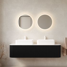 DINA 60" Bathroom Vanity with Sinks, Wall-Mounted Floating Curved Edges Striped Bathroom Storage Cabinet with 2 Drawers (Color: as Pic)